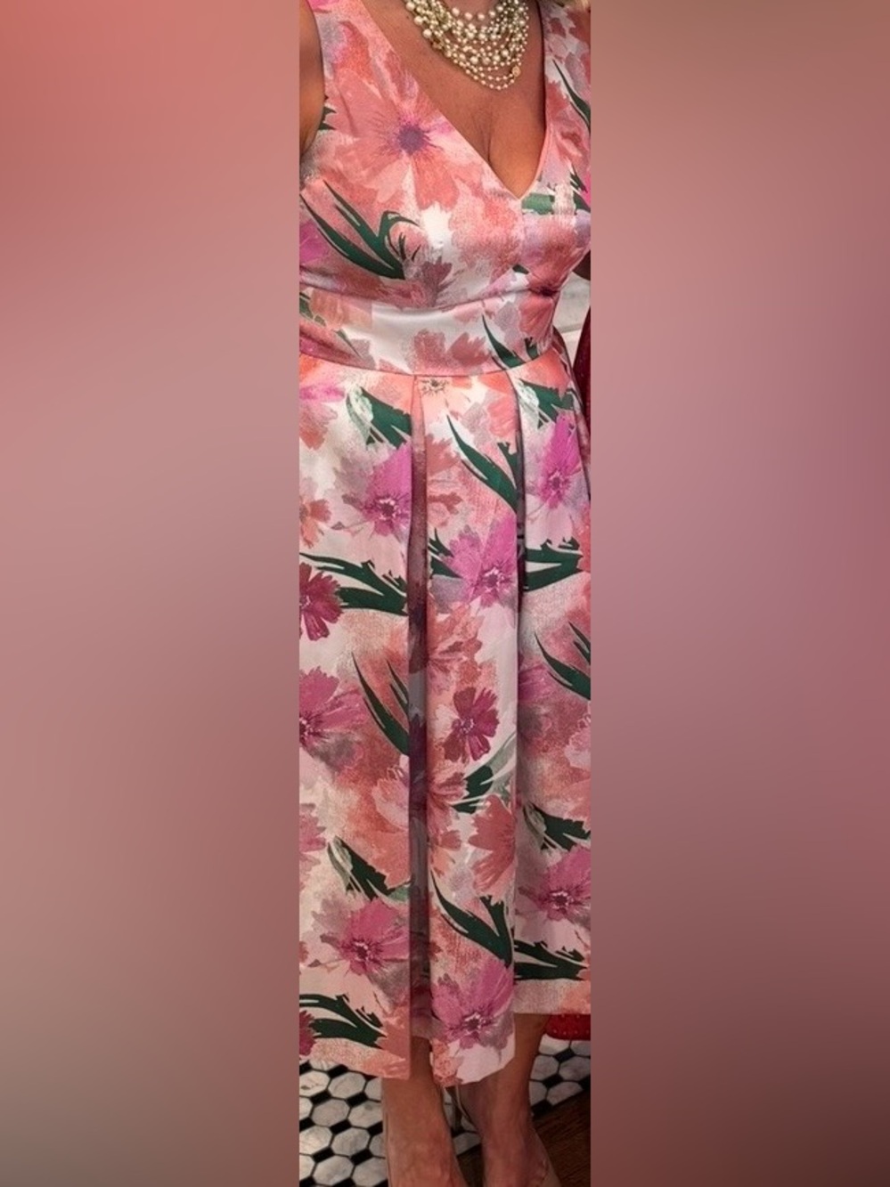 Eliza J Pink Floral V-Neck Jumpsuit with Green Leaf Print size 10
